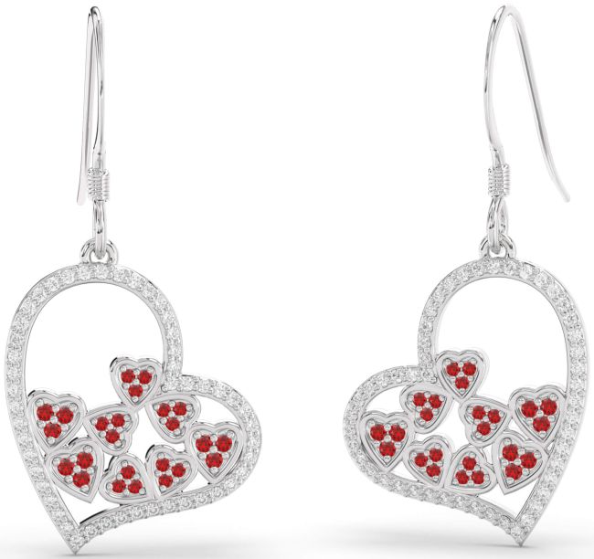 Diamond & Ruby Platinum Heart Dangle Earrings