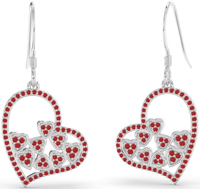 Ruby Silver Heart Dangle Earrings