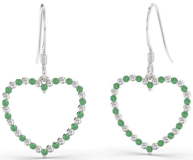 Emerald Platinum Heart Dangle Earrings