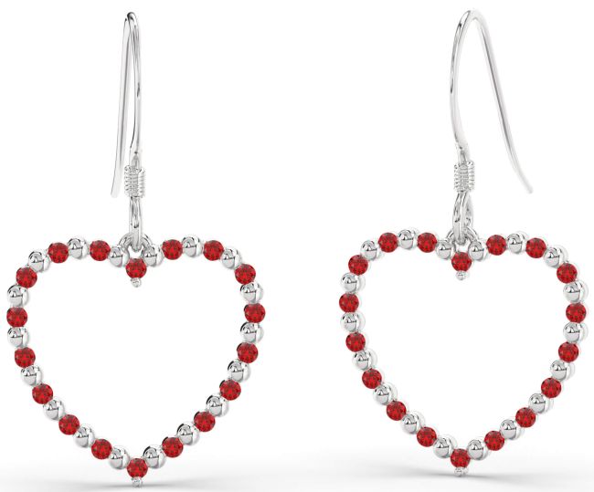 Ruby Silver Heart Dangle Earrings