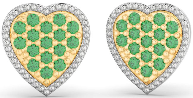 Emerald Gold Silver Heart Stud Earrings