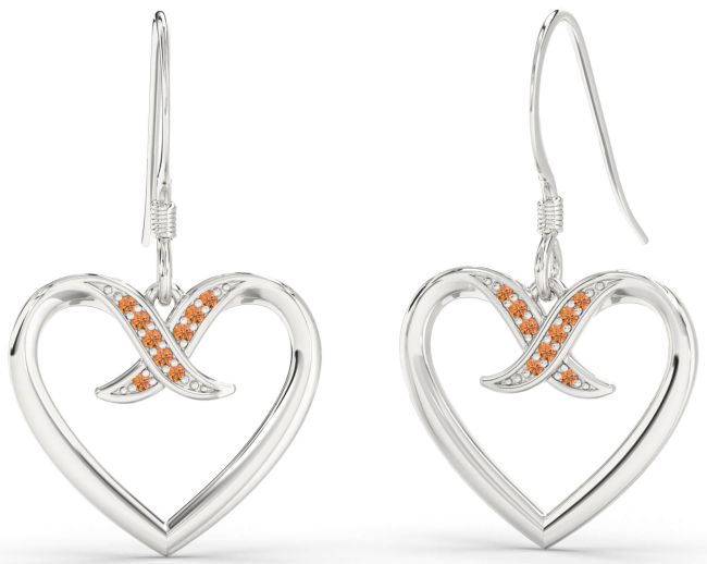 Citrine Platinum Heart Dangle Earrings
