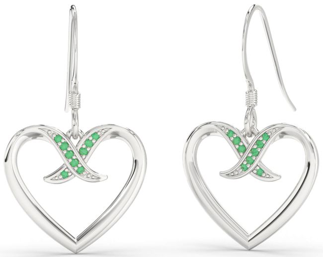 Emerald Platinum Heart Dangle Earrings