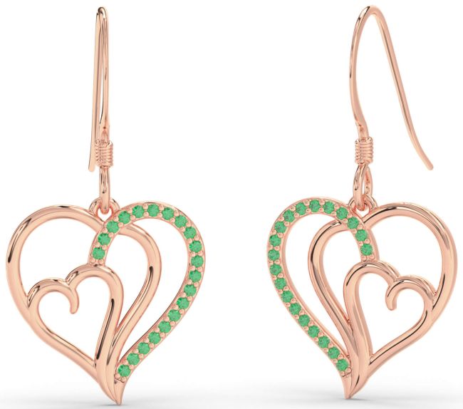 Emerald Rose Gold Heart Dangle Earrings