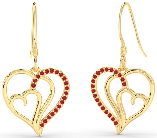Ruby Gold Heart Dangle Earrings