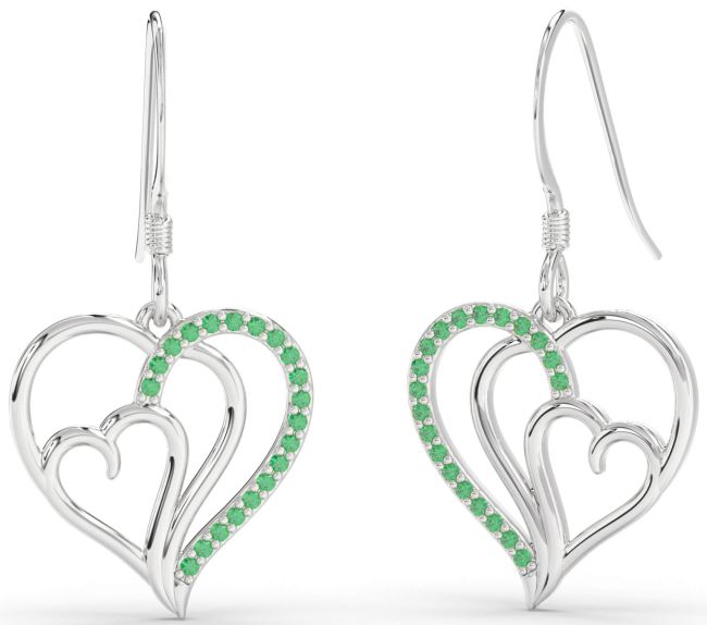 Emerald White Gold Heart Dangle Earrings
