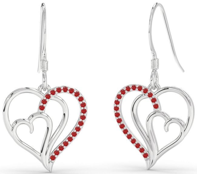 Ruby Silver Heart Dangle Earrings