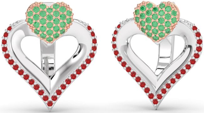 Emerald & Ruby Rose Gold Silver Heart Stud Earrings