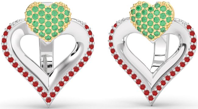 Emerald & Ruby Gold Silver Heart Stud Earrings