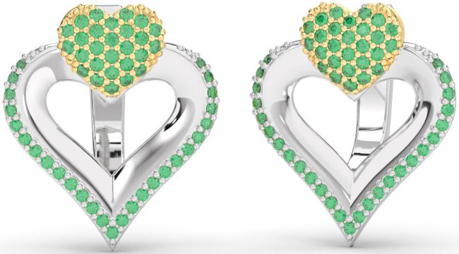 Emerald Gold Silver Heart Stud Earrings