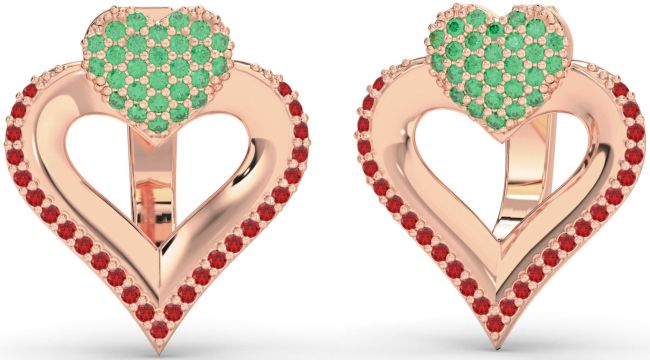 Emerald & Ruby Rose Gold Silver Heart Stud Earrings