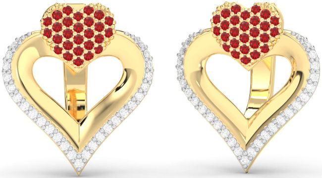 Diamond & Ruby Gold Heart Stud Earrings