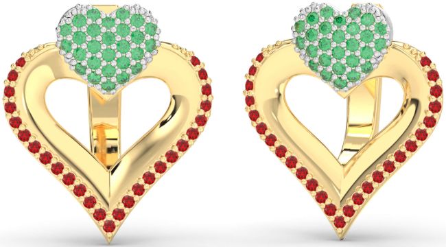Emerald & Ruby Gold Silver Heart Stud Earrings