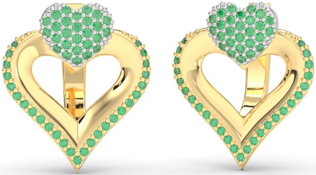 Emerald Gold Silver Heart Stud Earrings