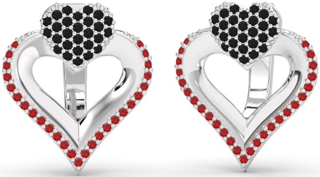 Black Diamond & Ruby Silver Heart Stud Earrings
