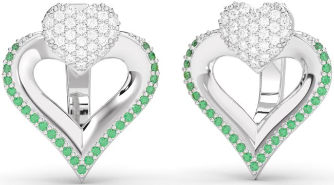 Emerald & Diamond Silver Heart Stud Earrings