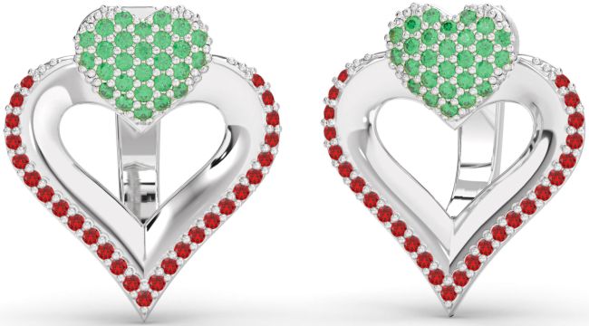 Emerald & Ruby Platinum Heart Stud Earrings