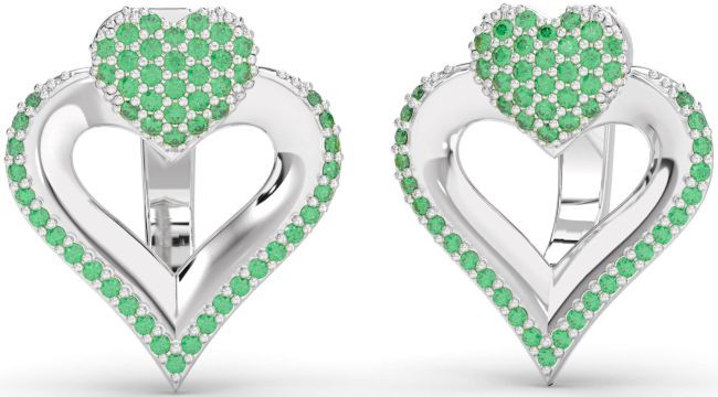 Emerald Platinum Heart Stud Earrings