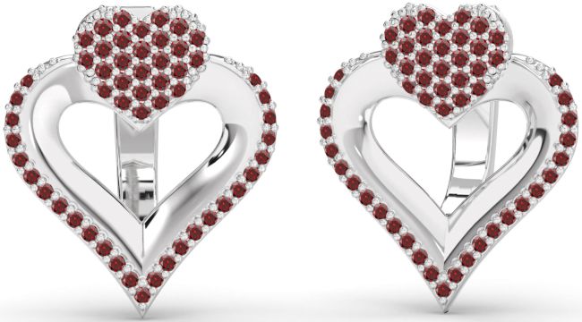 Garnet Silver Heart Stud Earrings