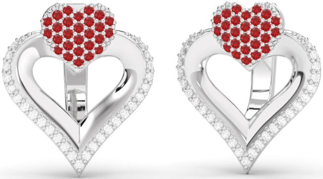 Diamond & Ruby Platinum Heart Stud Earrings