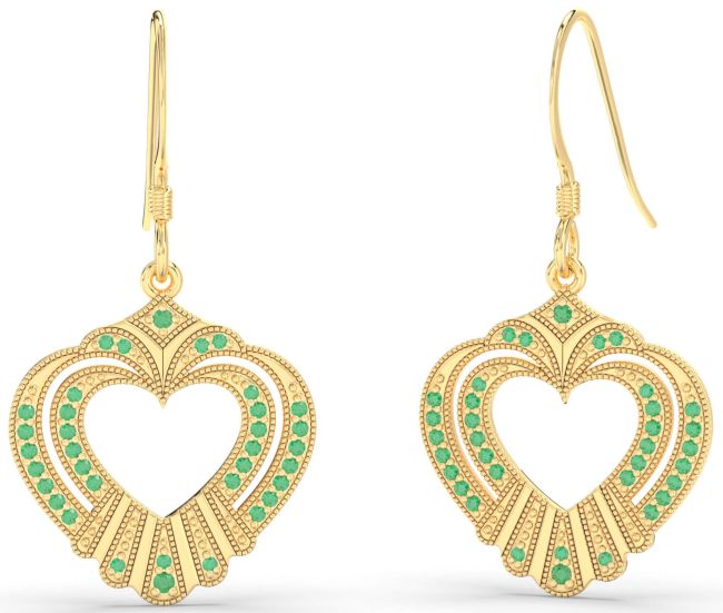 Emerald Gold Heart Dangle Earrings