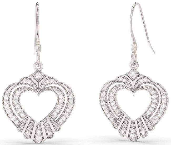 Diamond Silver Heart Dangle Earrings