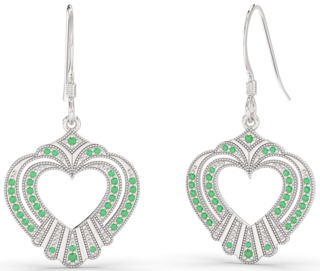 Emerald White Gold Heart Dangle Earrings