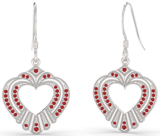 Ruby Silver Heart Dangle Earrings