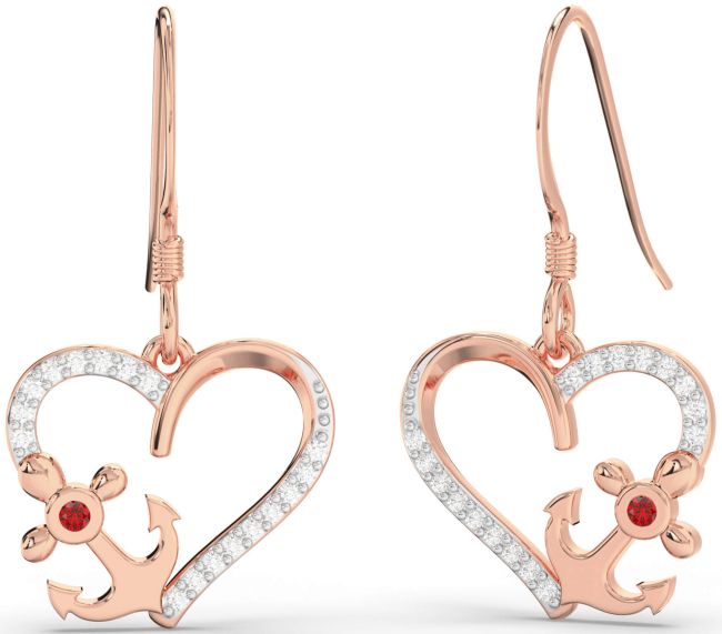 Diamond Ruby Rose Gold Heart Anchor Dangle Earrings
