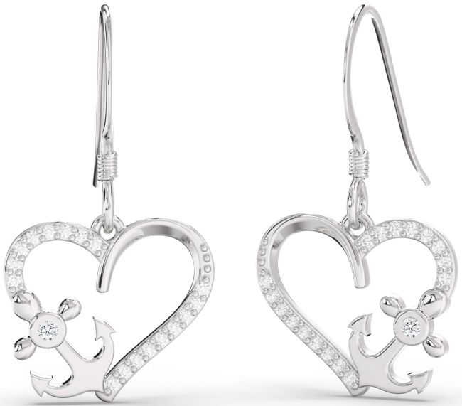 Diamond Silver Heart Anchor Dangle Earrings
