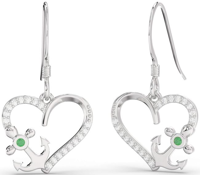 Diamond Emerald Platinum Heart Anchor Dangle Earrings
