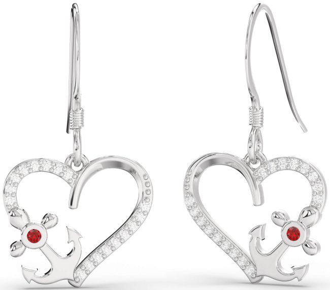 Diamond Ruby Platinum Heart Anchor Dangle Earrings