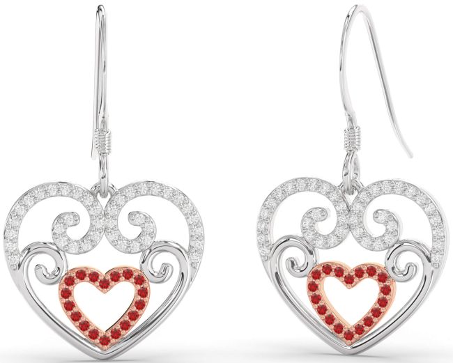 Diamond Ruby Silver & 10K Rose Gold Heart Dangle Earrings