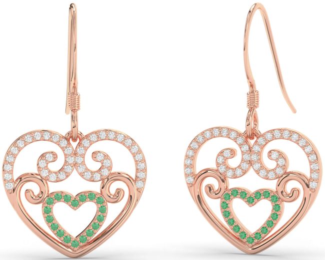 Diamond Emerald Rose Gold Heart Dangle Earrings