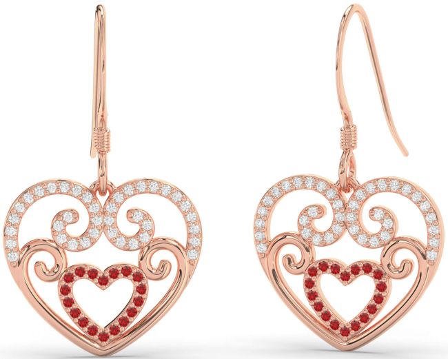 Diamond Ruby Rose Gold Heart Dangle Earrings