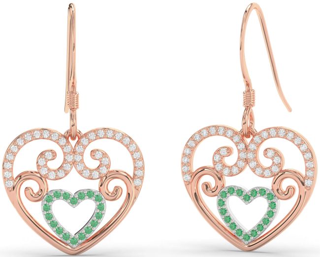 Diamond Emerald White Rose Gold Heart Dangle Earrings
