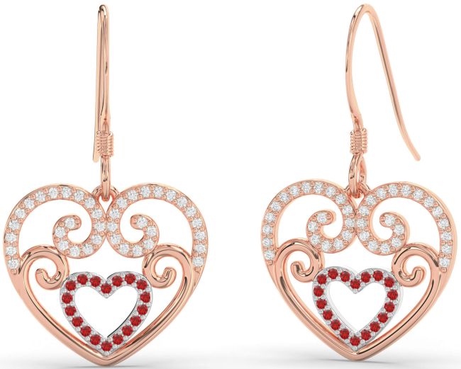 Diamond Ruby White Rose Gold Heart Dangle Earrings