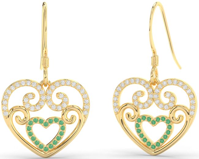 Diamond Emerald Gold Heart Dangle Earrings