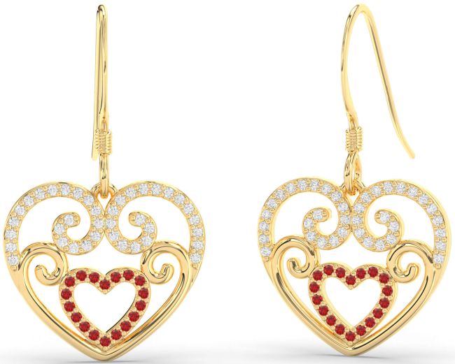 Diamond Ruby Gold Heart Dangle Earrings