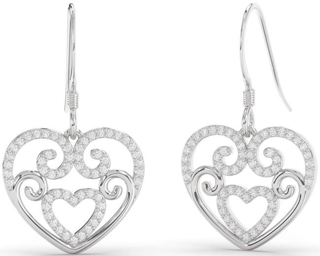 Diamond Silver Heart Dangle Earrings