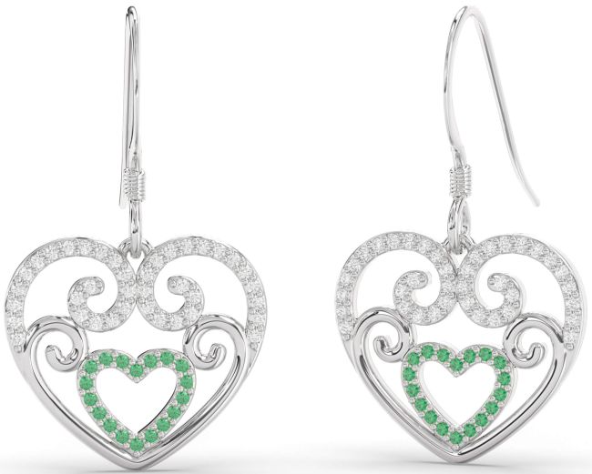 Diamond Emerald White Gold Heart Dangle Earrings