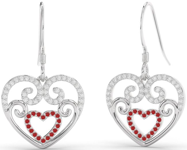 Diamond Ruby Platinum Heart Dangle Earrings