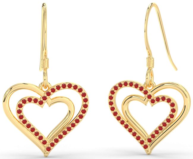 Ruby Gold Heart Dangle Earrings