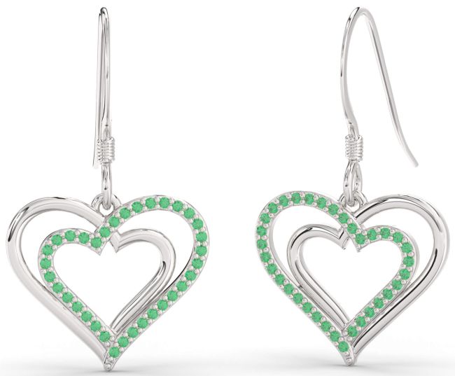 Emerald White Gold Heart Dangle Earrings
