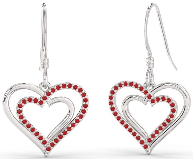 Ruby Silver Heart Dangle Earrings