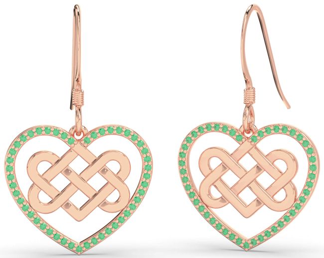 Emerald Rose Gold Heart Celtic Knot Irish Dangle Earrings