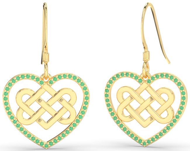 Emerald Gold Heart Celtic Knot Irish Dangle Earrings