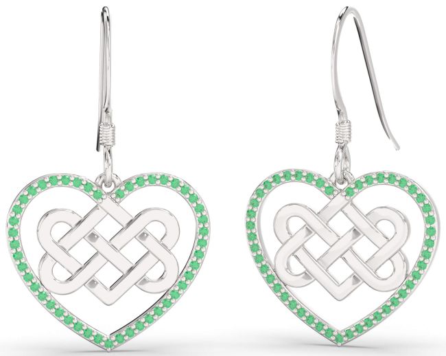 Emerald Platinum Heart Celtic Knot Irish Dangle Earrings