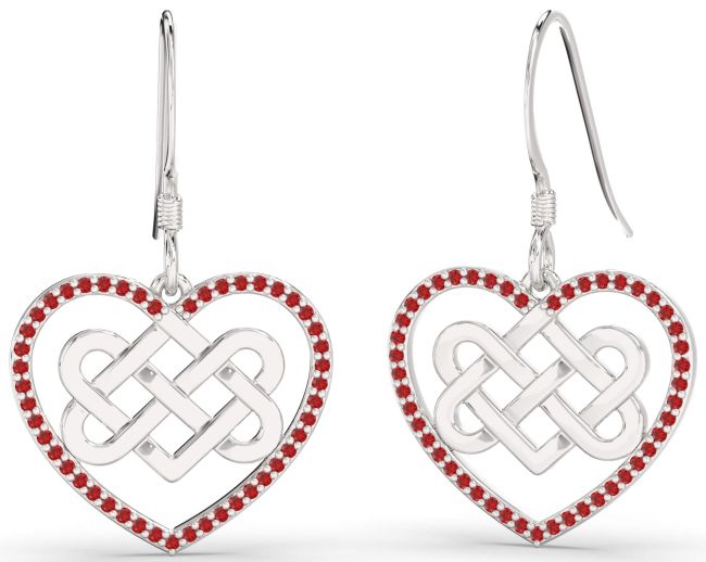 Ruby Platinum Heart Celtic Knot Irish Dangle Earrings