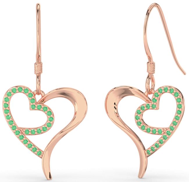 Emerald Rose Gold Heart Dangle Earrings